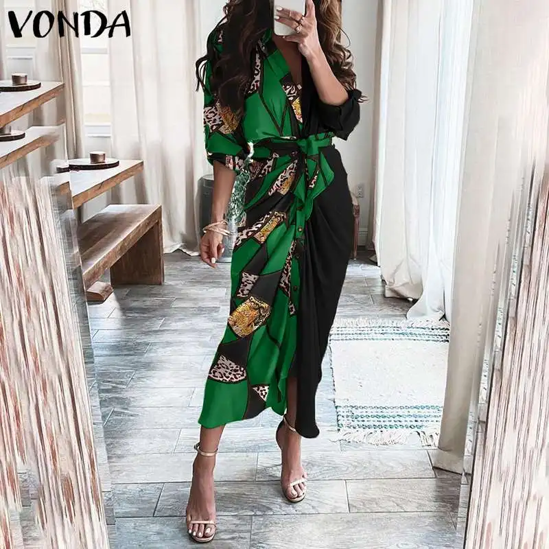

Elegant Office Ladies Dress 2021 VONDA Sexy Lapel Button Down Patchwork Shirt Dress Vintage Printed Holiday Party Vestidos