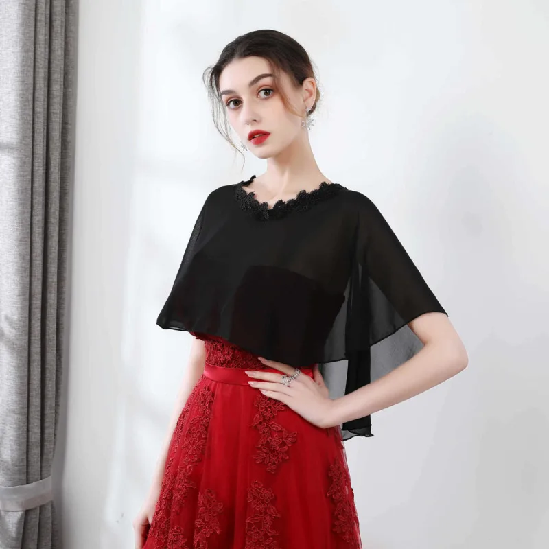 

Mingli Tengda Chiffon Shawl Lace Cape Short Black White Red Champagne Stola Wedding Coat Bolero Women Cloak Shrug Capes Robe