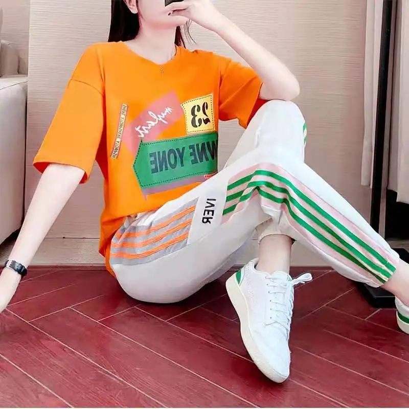 

Matching Sets of Sportswear Women Summer 2021 New Fashion Western Style Loose Short-sleeved T-shirt Two-piece Suit Women