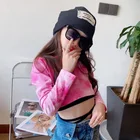 Демисезонная футболка для девочек, детская короткая футболка, детский кроп-топ, детская одежда, уличная одежда, модная розовая, окрашенная в галстук, от 4 до 13 лет