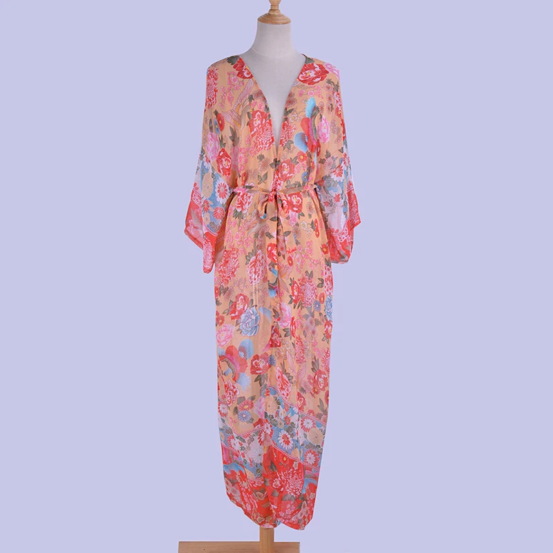 Женское шифоновое платье-кардиган Boho повседневное красное пляжное с цветочным