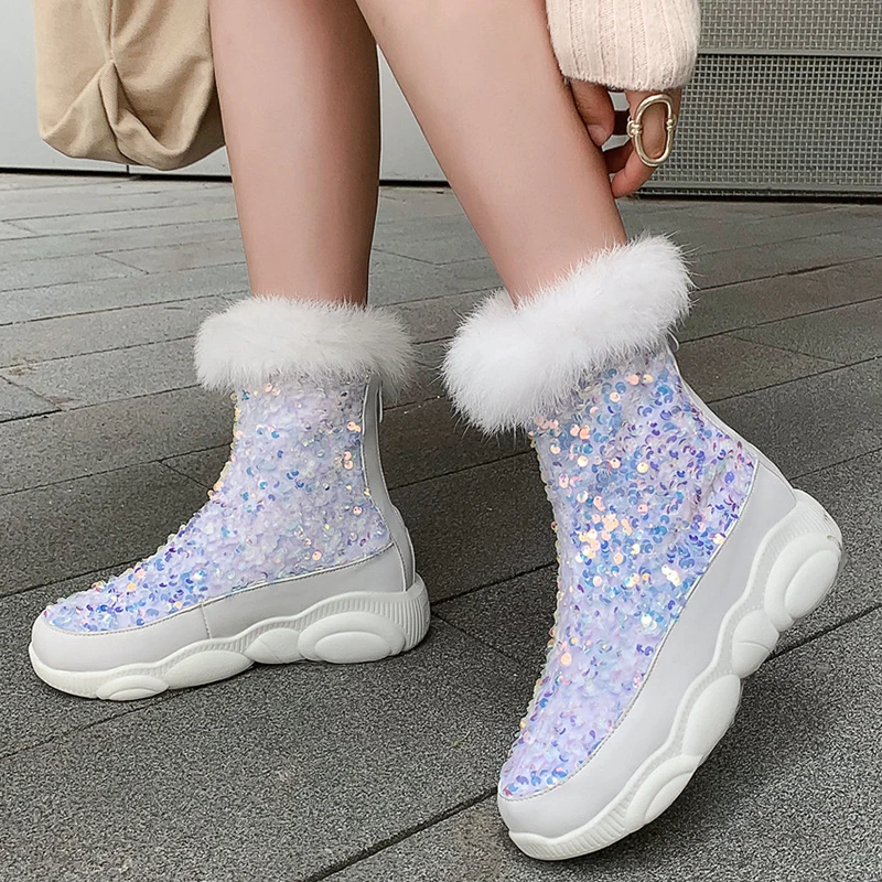 Rimocy/блестящие женские ботильоны на толстой подошве Плюшевые теплые ботинки меху