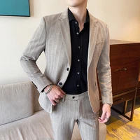 jacket pants fashion mens stripe woolen cloth casual business suit high end social formal suit 2 pcs set groom wedding