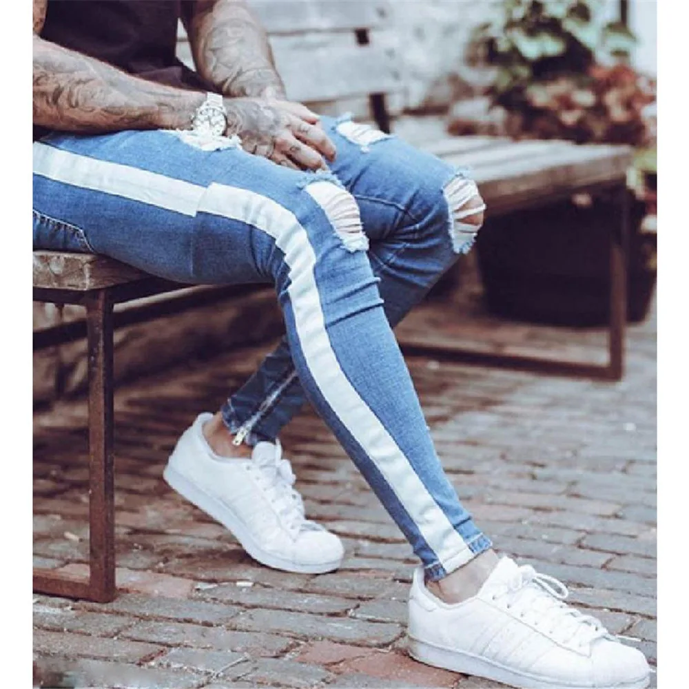 

Ankle Zipper Skinny Jeans Men Hip Hop Stripe Elastic Slim Fit Denim Pants Male Pencil Bottoms Street knee Broken Holes Jeans 3XL