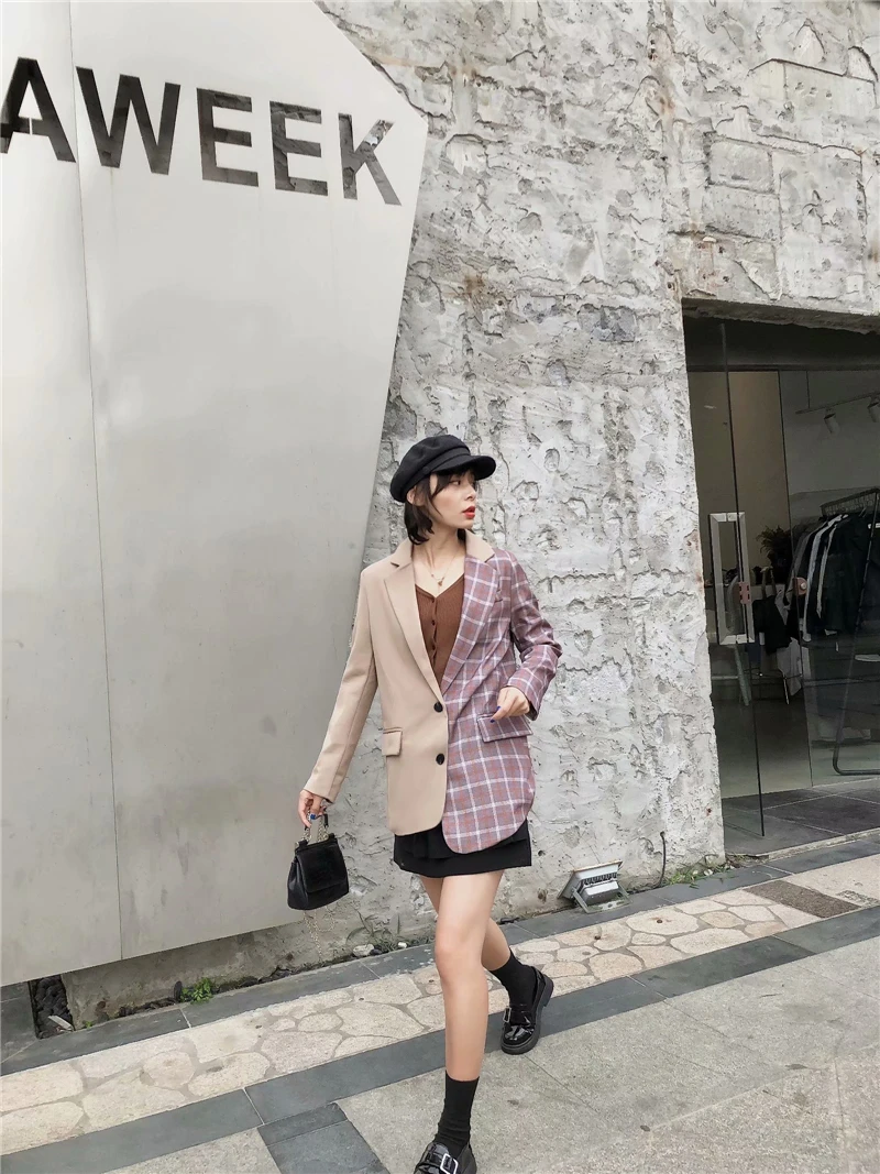 

TMODA640 Za Women Patchwork Plaid Blazer Oversize Chic Plaid Asymmetry Jacket Single Breasted Office Lady Work Coat Outwear