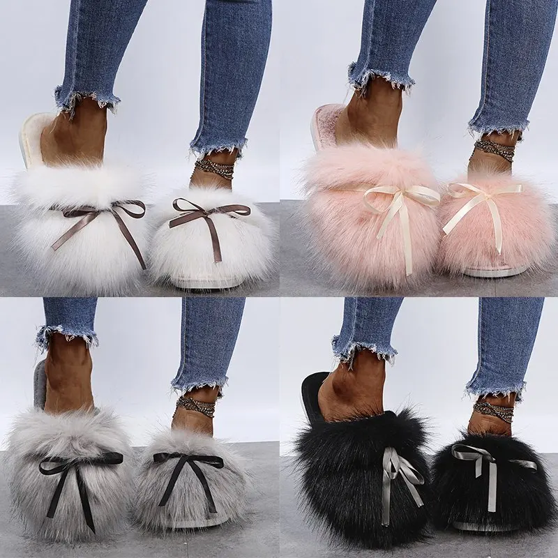 

Women Winter Soft Faux Fur Slippers Female Furry Faux Fox Fur Slides Lady Indoor Warm Flip Flop Female Soft Non-slip Flat Shoes