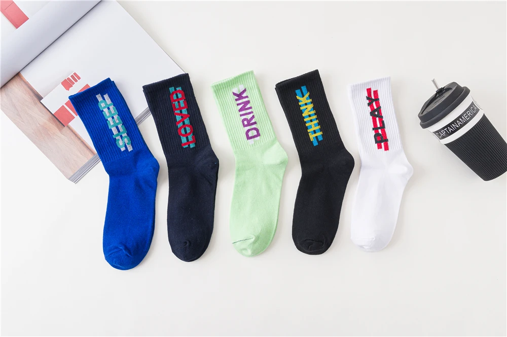 Women's Funny Words Loved Think Drink Sleep Play Lettered Striped Art Socks Couples Skateboard Hipster Street Dance Harajuku Sox