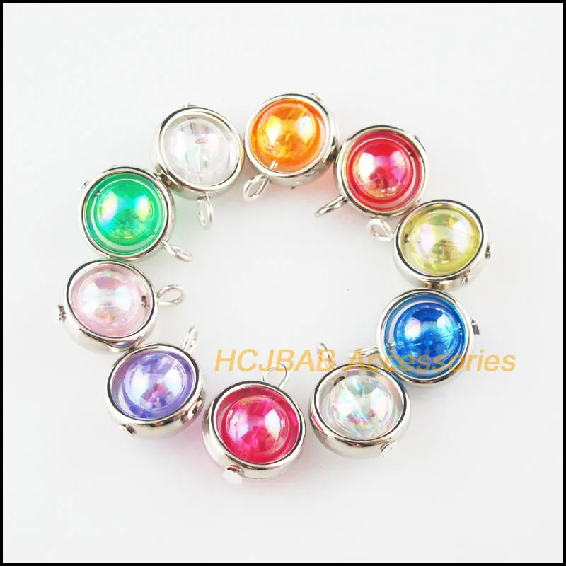 

30Pcs Dull Silver Plated Round Circle Mirage Mixed Acrylic Beads Charms Pendants 12x17mm