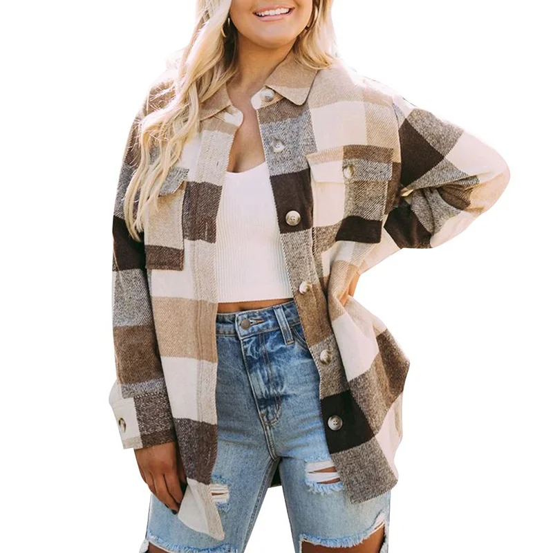 

Women's Autumn Winter Plaid Shirt Single Breasted Tweed Coat