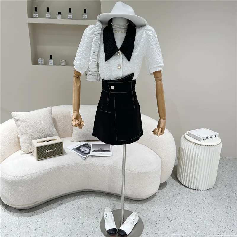 

NewWomen's Spring Summer 2021 Fashion Color matching Lapel bubble sleeve short cardigan single breasted top