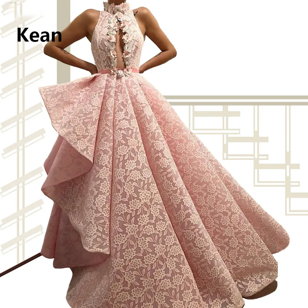 

Pink Evening Dress High-Neck 3D Flowers Asymmetry Slit robe soiree Islamic Dubai Kaftan Saudi Arabic Prom Dress abendkleider