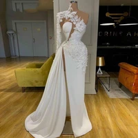 high slit mermaid evening dresses one long sleeves appliques lace luxurious long evening dresses soft satin women special occasi