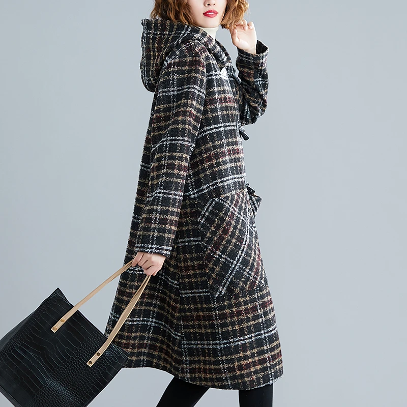Женское длинное шерстяное пальто толстое Свободное в клетку с капюшоном принтом