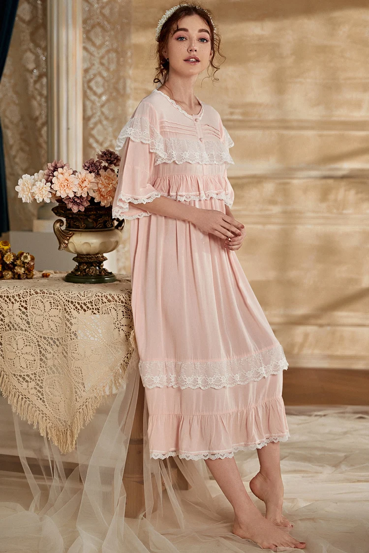 

Nightgown Cotton Romantic Sleepwear Summer Pink Nightgown Princess Woman