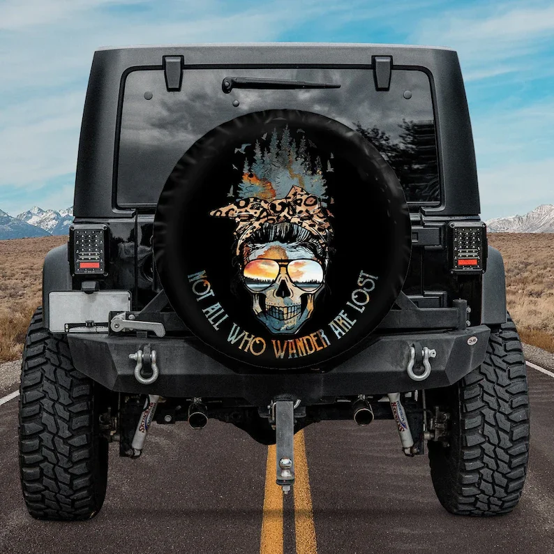 

Not All Who Wander Are Lost - Skull Mom With Headband Spare Tire Cover For Car, Personalized Tire Cover, Gift