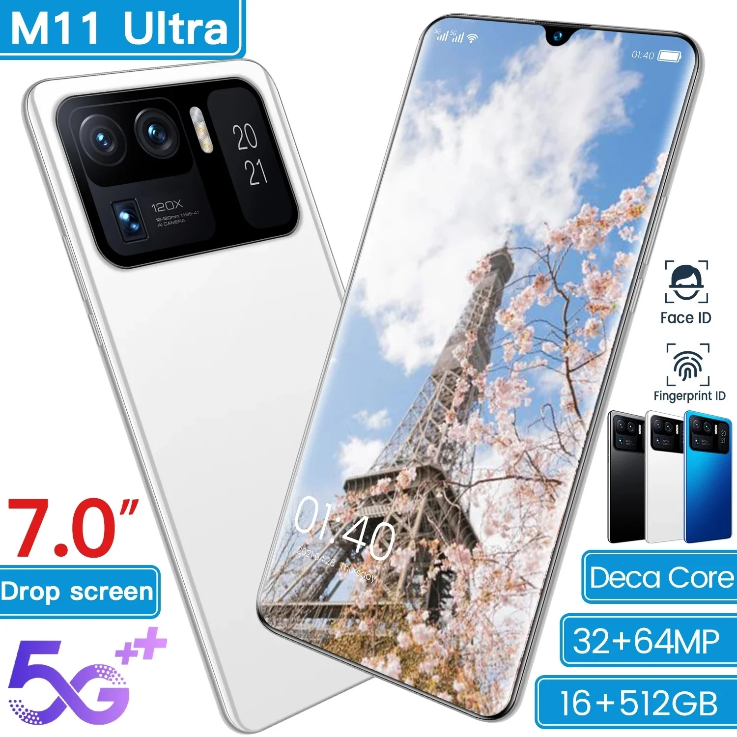

2021 Global Version Xiao M11 Ultra Max Smartphone 16GB 512GB 7.0 Inch Snapdragon 888 Mobile Phone Face ID Game CPU 32+64MP