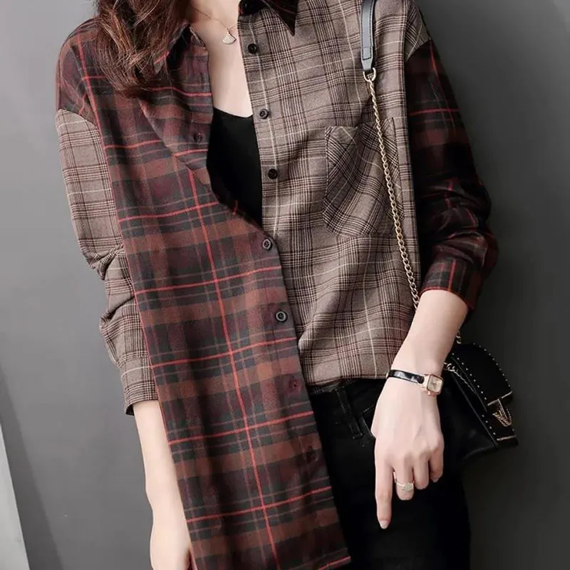 

Stitching Plaid Shirt Women Jacket Spring Summer Blouse 2021 New Single-Breasted Long-Sleeved Shirts Tops Female Fashion Coat