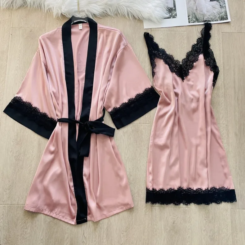 

2PCS Sleepwear Satin Silk Kimono Bathrobe Gown Soft Nightgown Women Robe Set Hot Drilling Intimate Lingerie Loose Loungewear