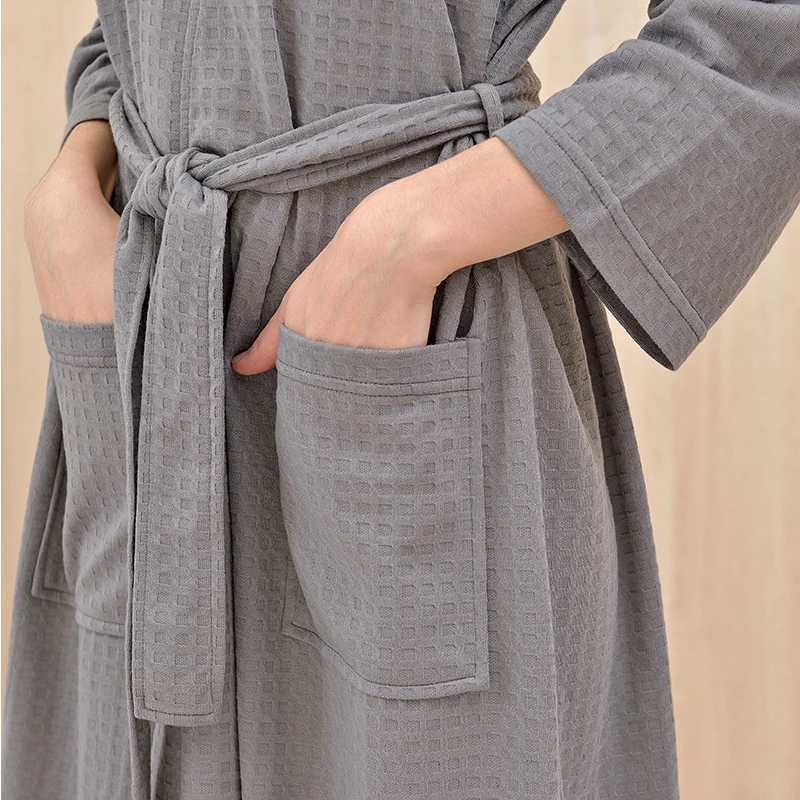 

Women Waffle Bathorbes Solid Knee Length Spring Autumn Ladies Sleepwear with Sashes V Neck Pockets Dressing Gown for Female
