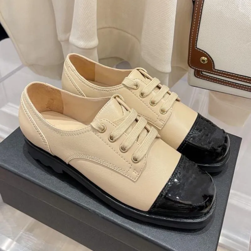 

New Spring Flat Women's Shoes Fashion Patent Leather Stitching Thick Soled Non Slip Loafers Ladies Apricot Casual Shoes