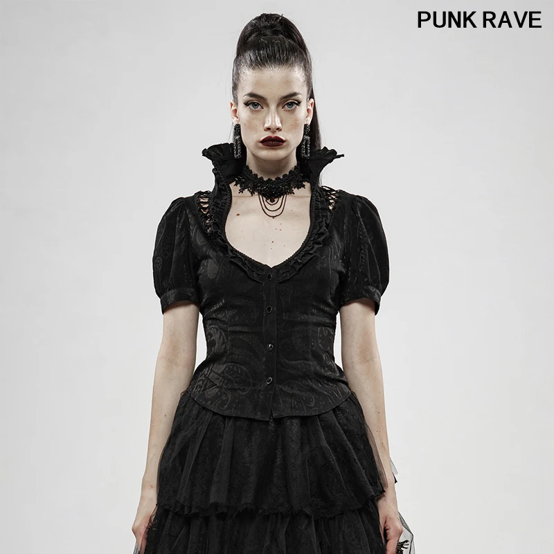 

Классическая черная жаккардовая приталенная пикантная рубашка с высоким воротником и рукавами-фонариками модная женская блузка в стиле «С...