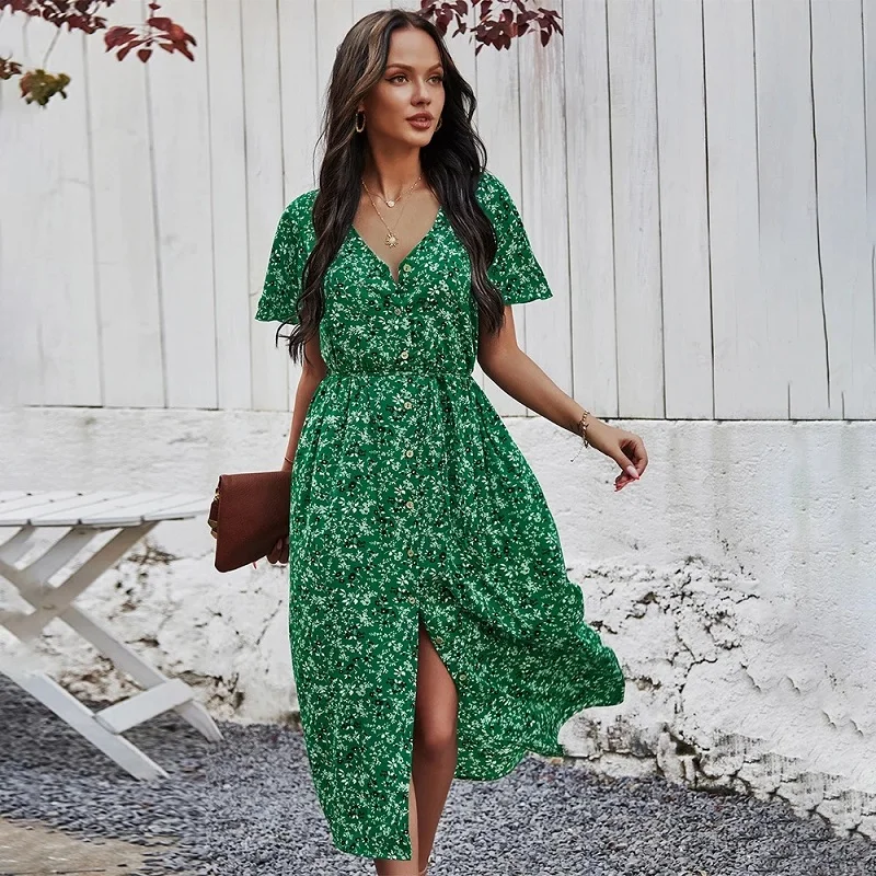 

New Ladies Vintage Maxi Floral Print Summer Dress Women Slim Casual High Waist button bohemian Women beach Dress Vestidos Female