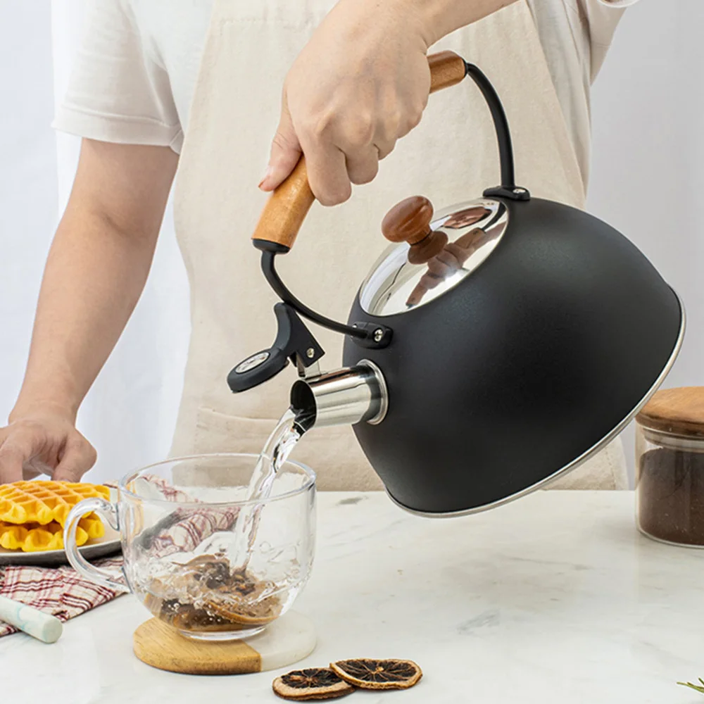 

1pc Stainless Steel Whistling Teakettle Wooden Handle Kettle for Home (Black)