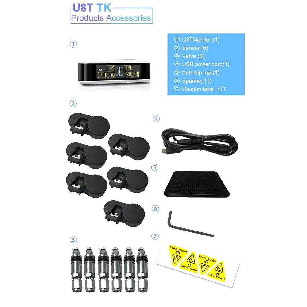 CAREUD U8 RF Беспроводная система контроля давления в шинах TPMS DC 5V PSI BAR с 6 внешним