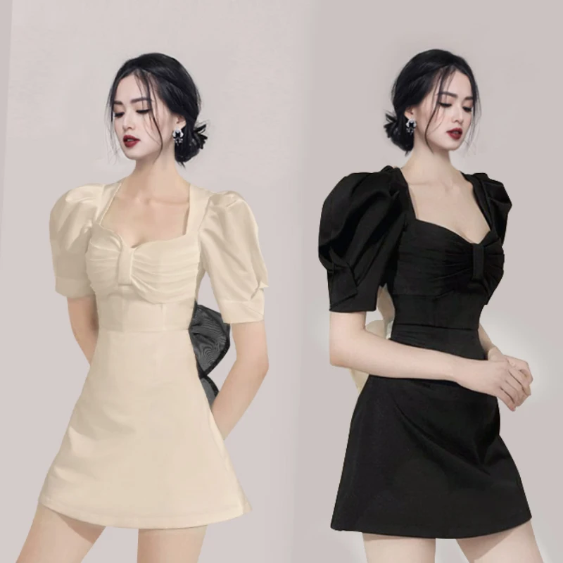 

Черный сексуальное обтягивающее платье из одного предмета, в Корейском стиле; Летняя женская обувь с коротким рукавом, v-образным вырезом, в...