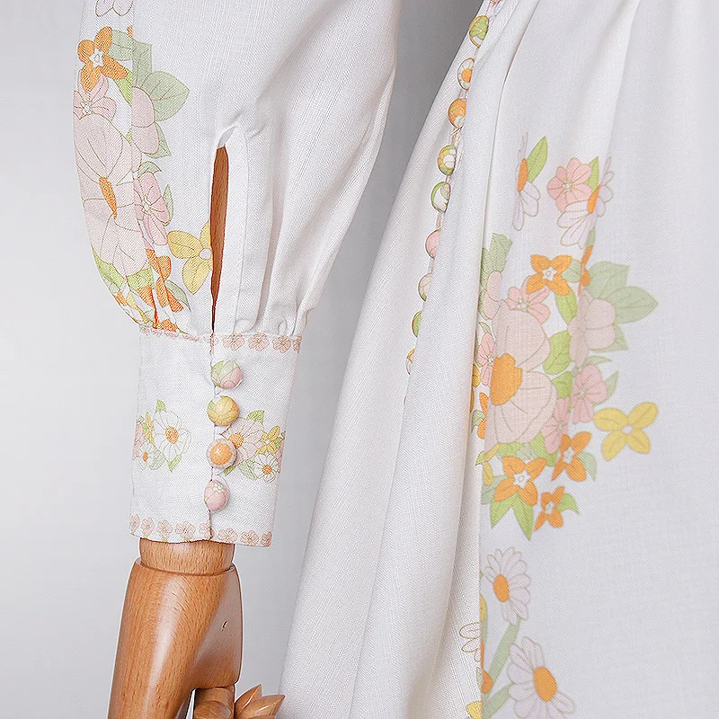 

Women Vintage Dress Summer Floral Print Lined Blend Stand Collar Lantern Sleeve High Waist Sashes Mini Dress Original Quality