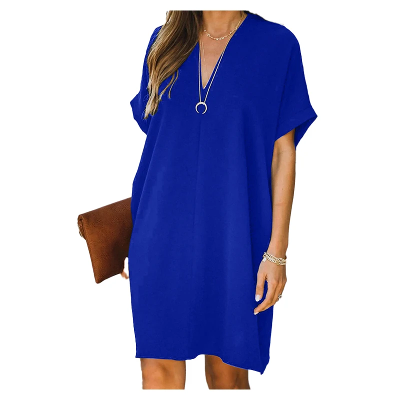 

Women 2021 Summer New Casual V-Neck Short-Sleeved Solid Color Loose Dresses Fashion Casual Dress Daily Commuting Street Wear