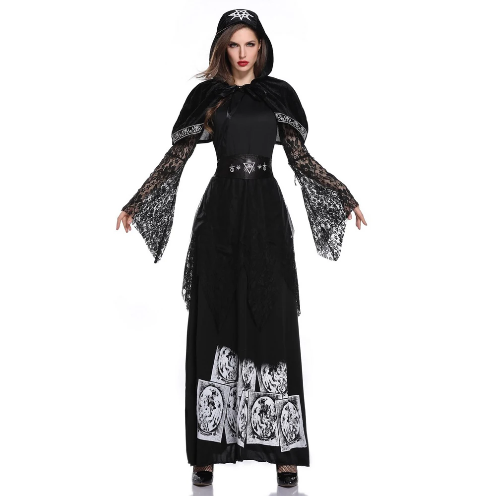 

Long Sleeves Black Magic Sorceress Gothic Fancy Dress Cosplay Witch Costume Sexy Adult Halloween Costumes for Women