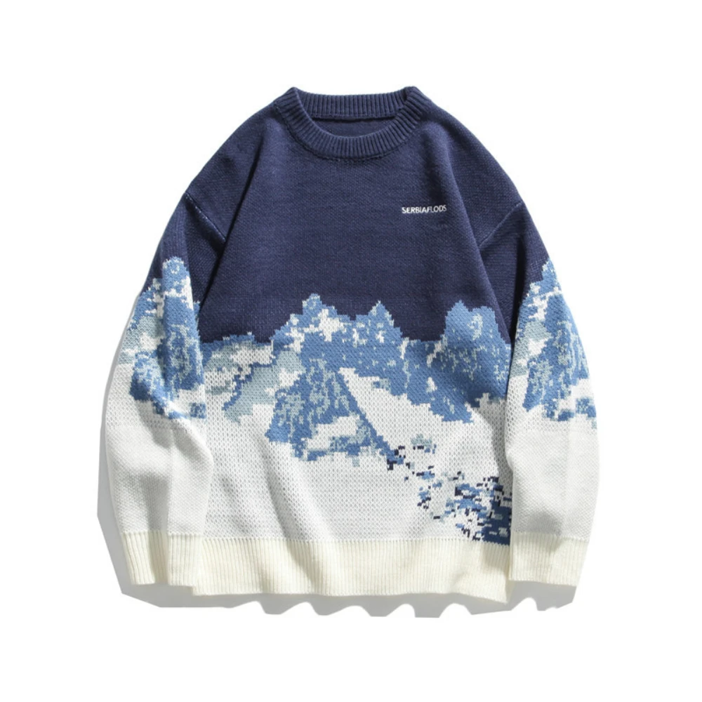

ERIDANUS 2021 Harajuku Snow Mountain Knitted Sweater Gradient Embroidered Pullovers Hip Hop Streetwear Retro Knit Sweaters Male