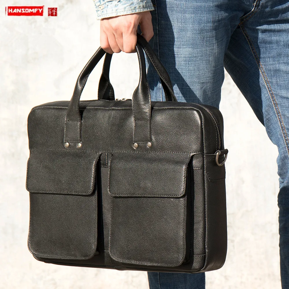 Pure cowhide Leather Men Briefcase Business 15.6-inch computer pocket Handbag retro Black color portable briefcase shoulder bags