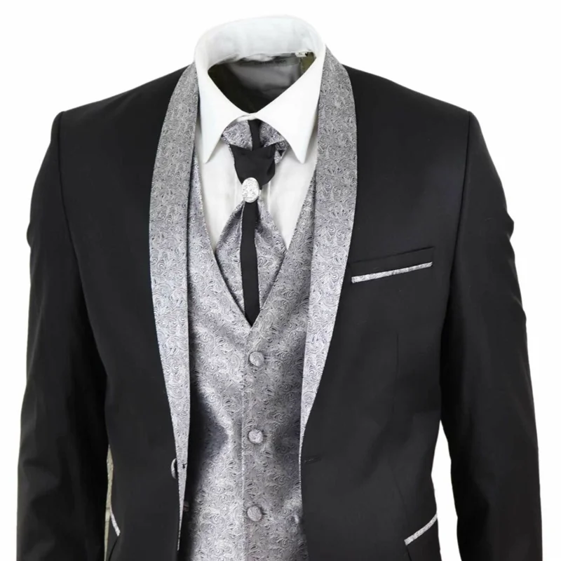 

2020 Handsome Black Mens Suits 4 Piece Wedding Suit Groom Shawl Collar Vintage Silver Cravat Tailor