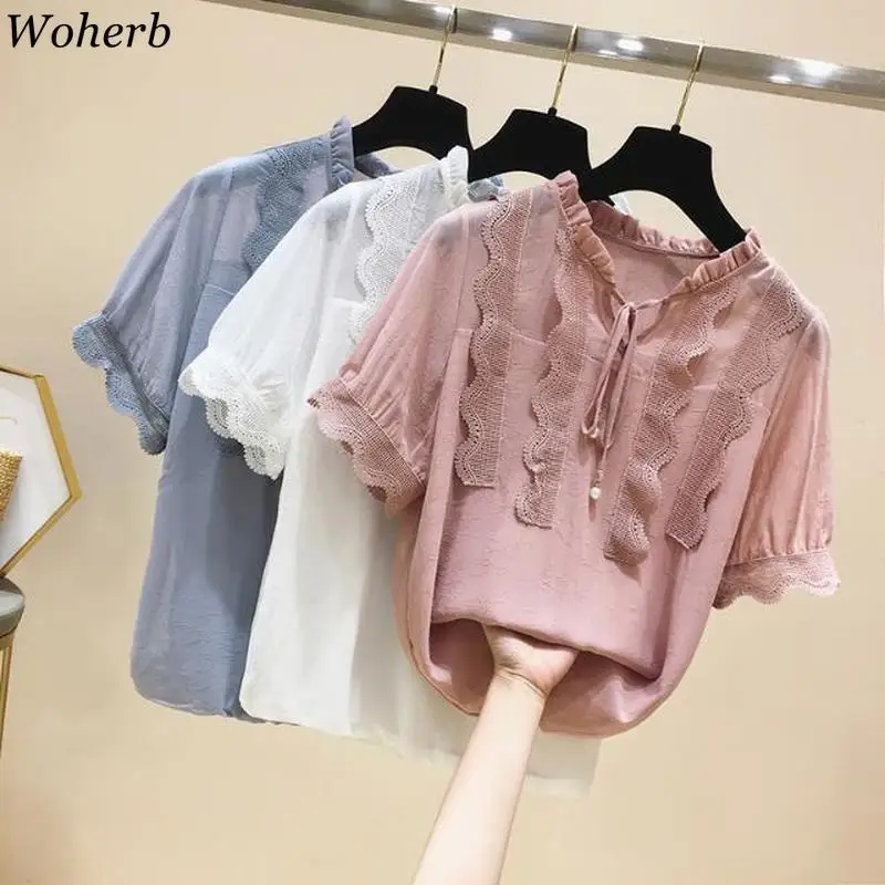 Woherb 2021 лето для женщин Большие размеры блузка из шифона с оборками кружевная