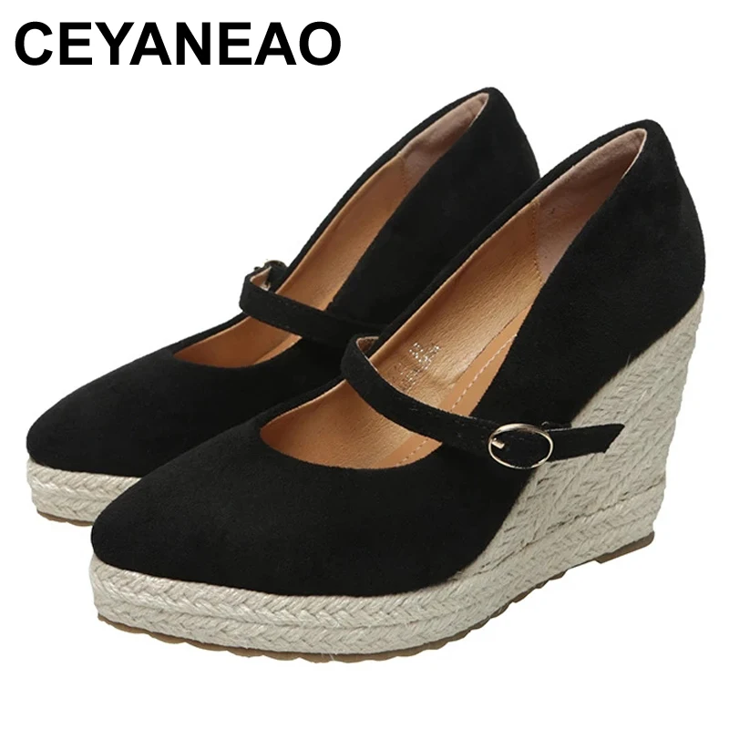 

CEYANEAOWedge Espadrilles Heel Shoes Women 2021 Spring New Style Shallow Mouth Fashion Pointed Thick Heel -soled Straw Heel Shoe