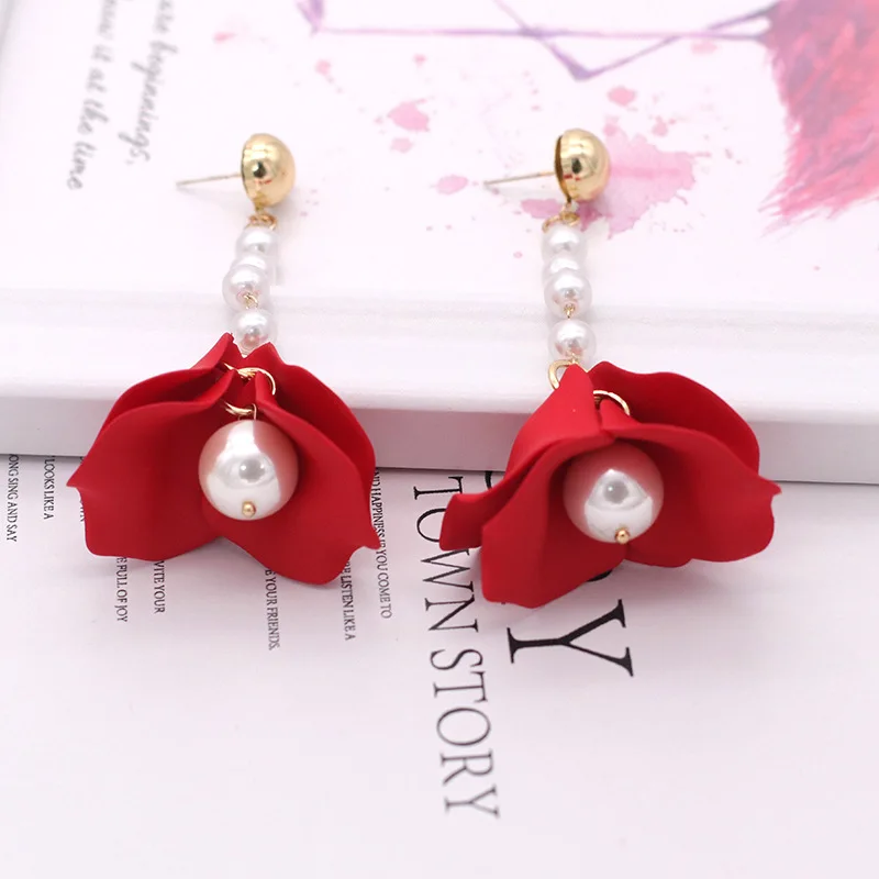 Aretes de mujer, современный стиль, дизайн, большие красные лепестки роз, серьги с кисточками, тренд, темперамент, летние корейские серьги для женщин
