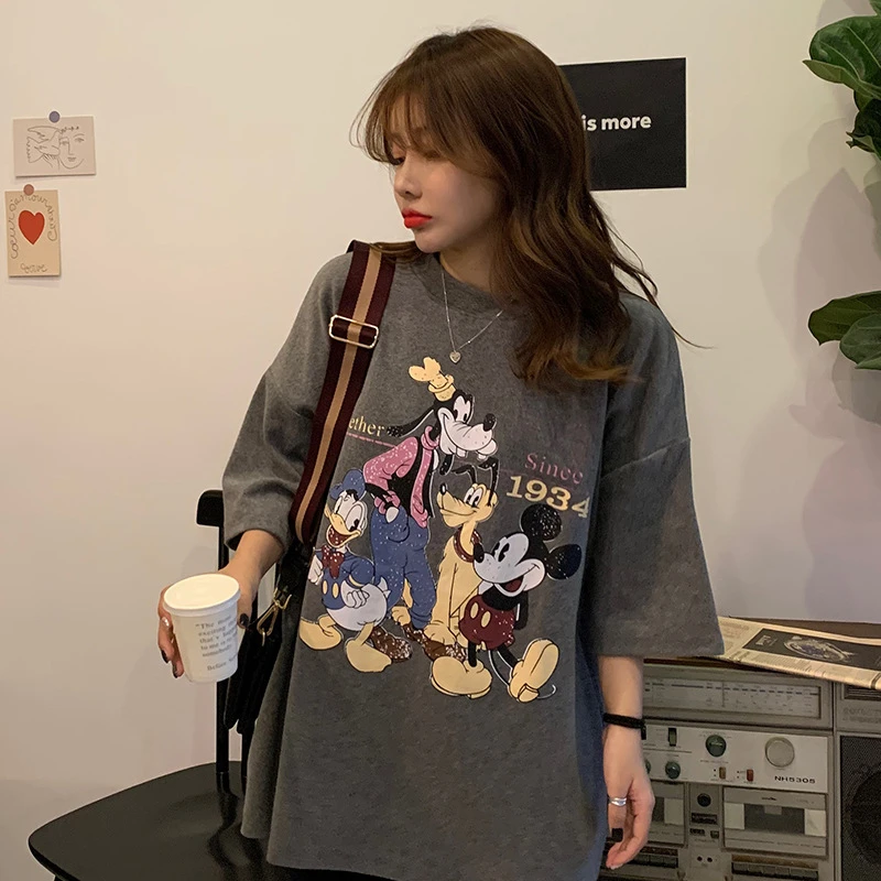 

Disney новые летние Микки Маус женские с буквенным принтом Футболка для мальчиков с короткими рукавами и принтом в Корейском стиле; Свободные ...