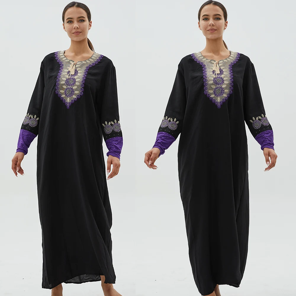 Вышивка Восточный кафтан, мусульманская женская абайя, черное Молитвенное платье, мусульманская одежда, индийский тюрбан Djellaba, традиционна...