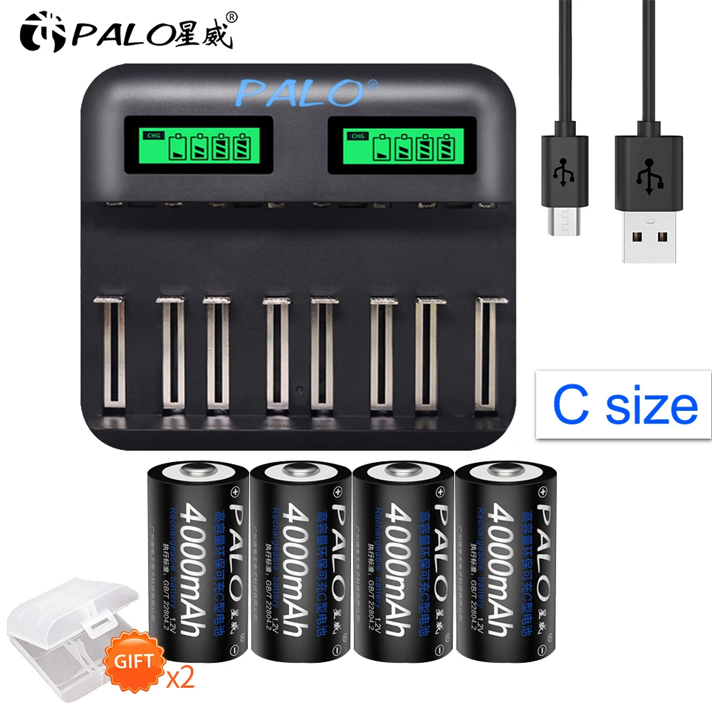 Аккумуляторные батареи PALO 4 шт. размера C NiMh + USB быстрая зарядка D зарядное