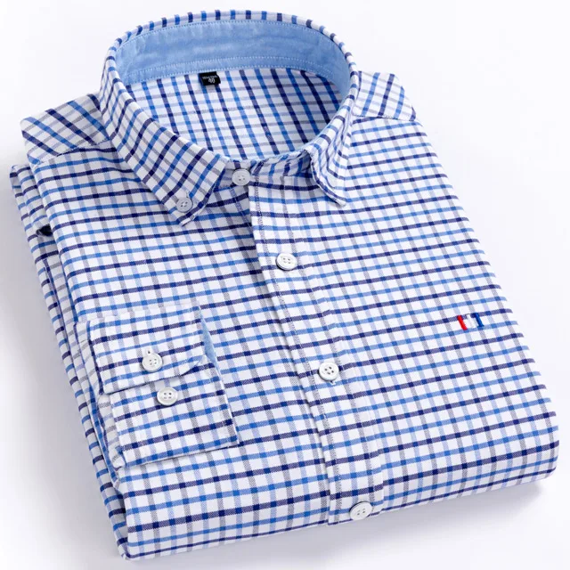 Blue Plaid Мужские Оксфордские повседневные рубашки с длинными рукавами и пуговицами, мягкие футболки из натурального хлопка - Цвет: Blue Plaid