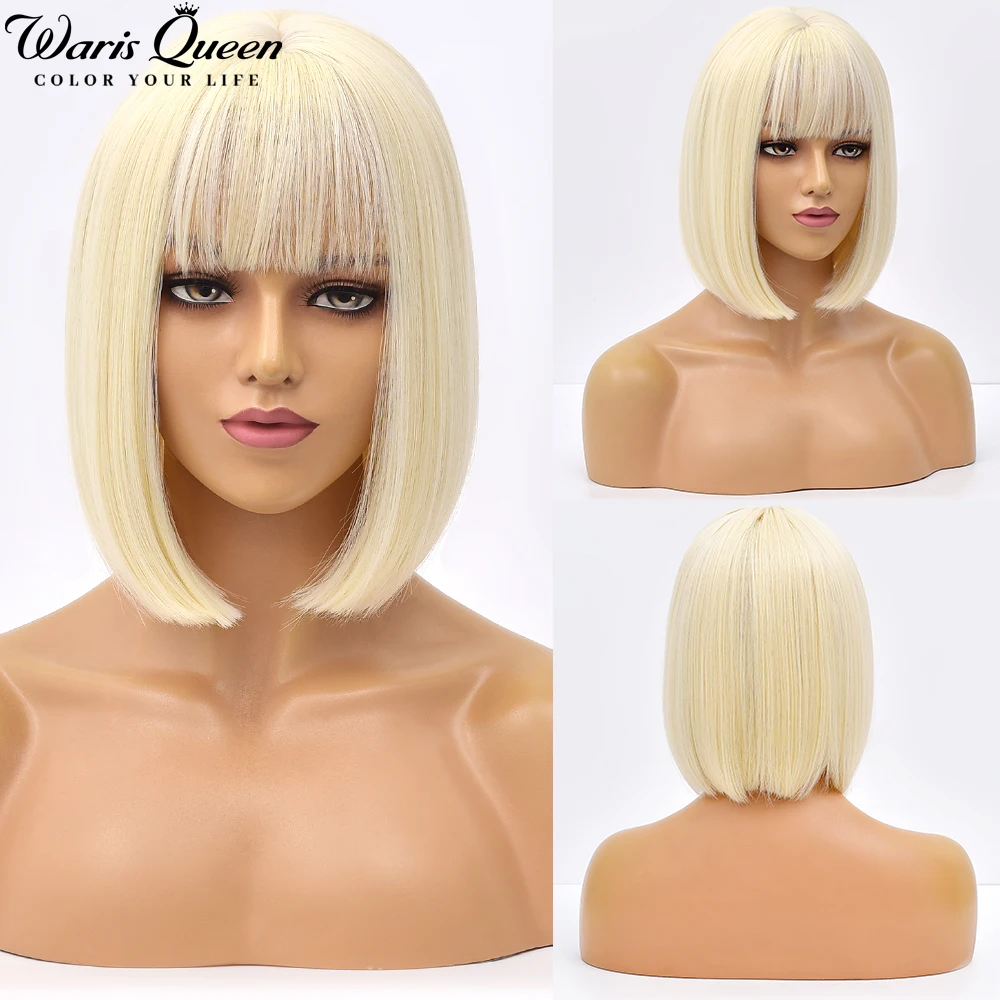 Synthetic Blonde Wig With Bangs Short Stright Bob Wigs For Women Heat Resistant Natural Cosplay Party Daily Hair Medium Size