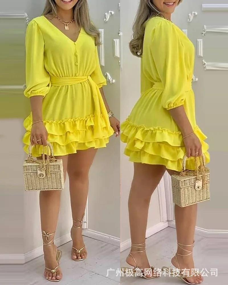 

Women V-Neck Layered Ruffles Frill Hem Casual Dress Vacation Dress 2021 JG0761