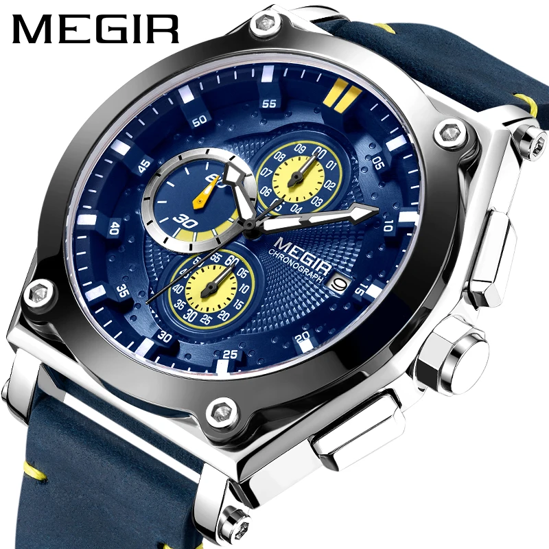 

Megir Men's Leather Strap Quartz Watches Army Sports Chronograph Waterproof Wristwatch for Man Luminous Relogios Clock Blue