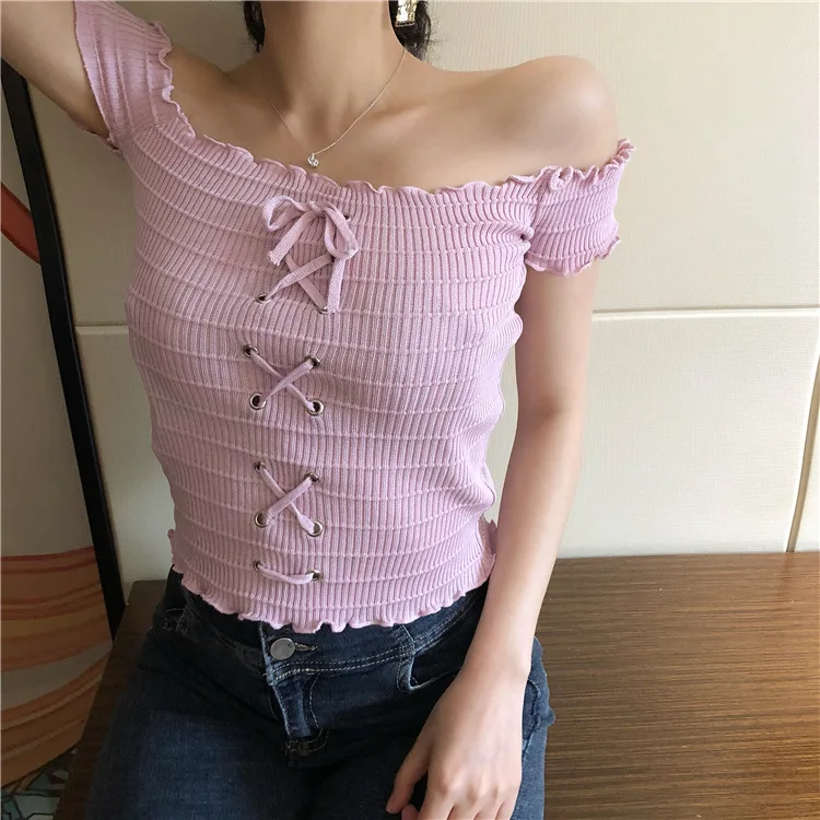 

2020 Early Autumn Summer Korean-Style Sweater Short Slim Section Sling Off-Shoulder Short-Sleeved Women's Tops T-shirt