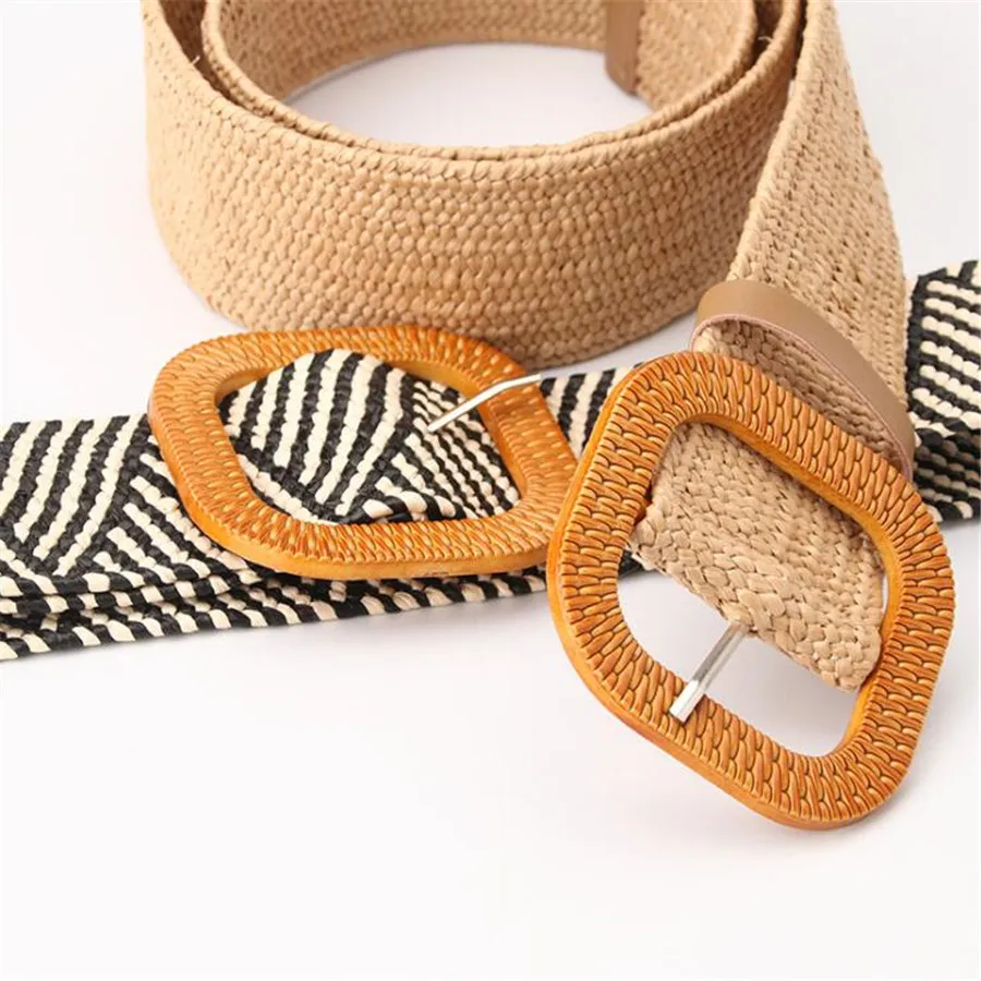 

Women's Imitation-straw Woven Wide Belt Simple Wild Round Buckle Belt For Women Cotton Linen Elastic Woven Elastic Dress Belts