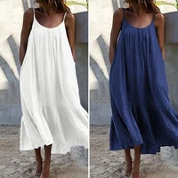 50 hot sales summer dress low round neck loose casual women sling solid color dress for beach