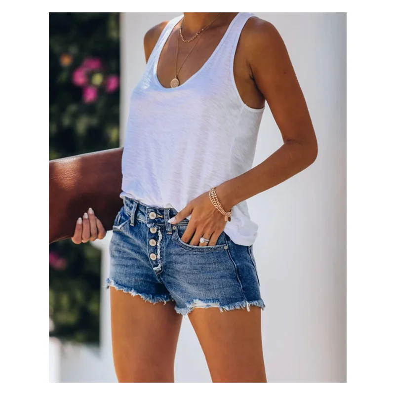 

Summer Casual Pants Tassel Washed Sexy Fashion Pocket Button Jeans Shorts Women