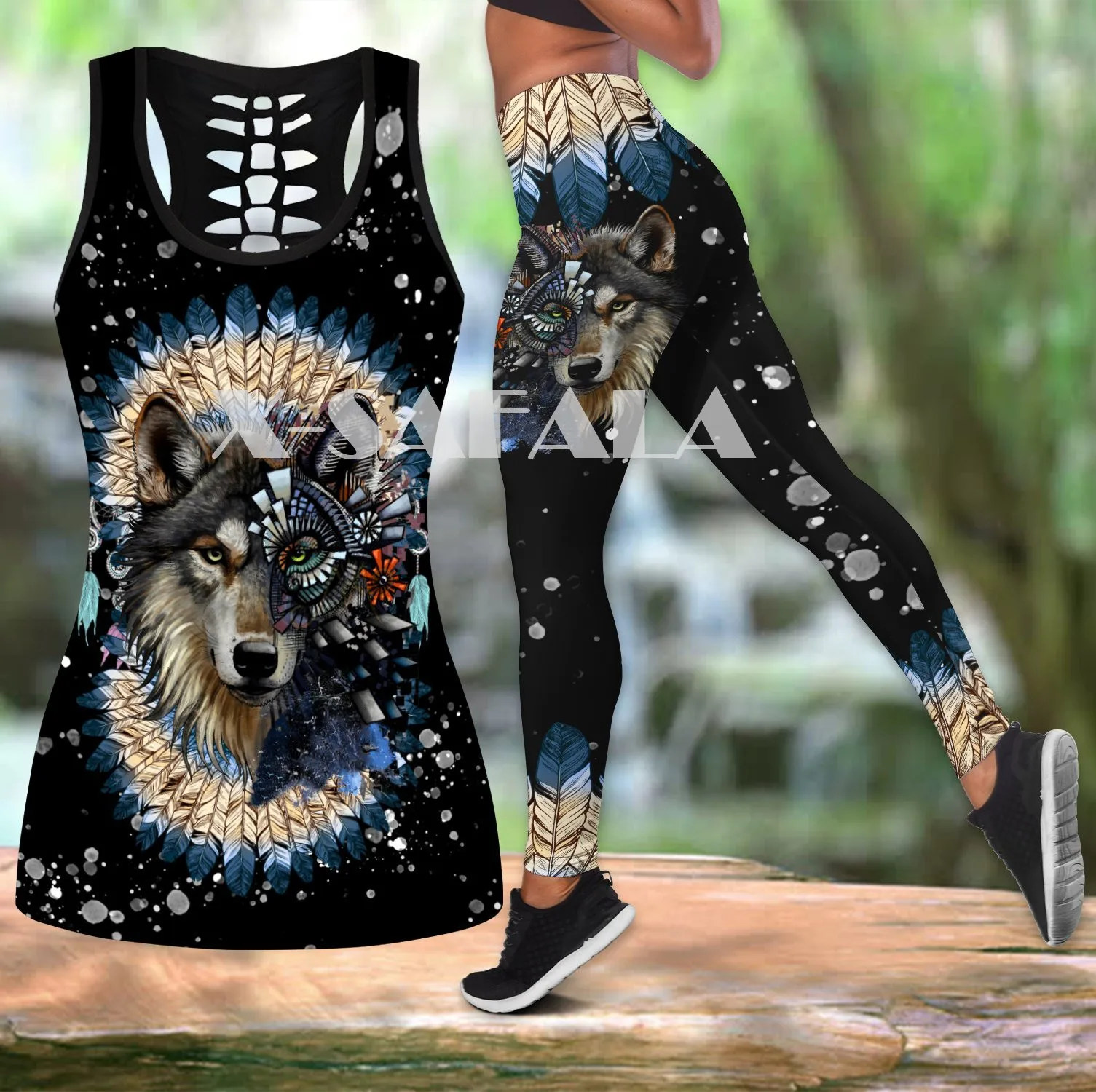Indian Wolf Animal Art Two Piece Yoga Set Women 3D Print Vest Hollow Out Tank Top High Waist Legging Summer Casual Sport
